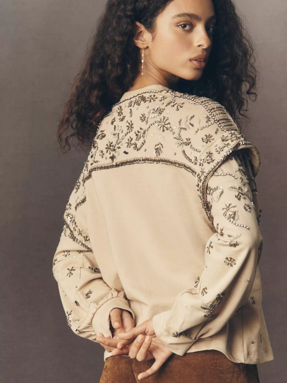 Anthropologie PILCRO Beige Beaded Sequin 100% Cotton Terry Sweatshirt, Size M - Picture 3 of 16